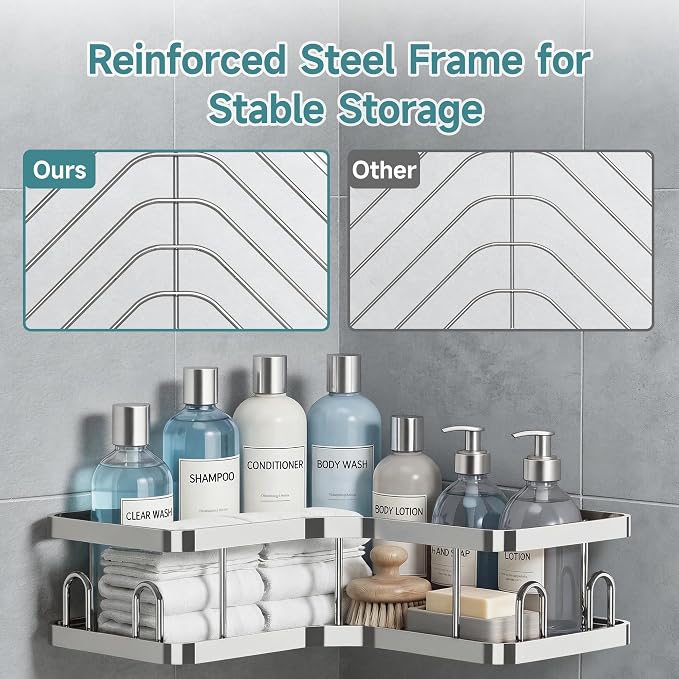 Veken Corner Shower Caddy 3-Pack, Advanced Rustproof Design&Stable Storage | No Drilling Adhesive Shelves, Rack with Soap Holder & Hooks, Thickened Metal Frame, Bathroom Organizers and Storage, Silver