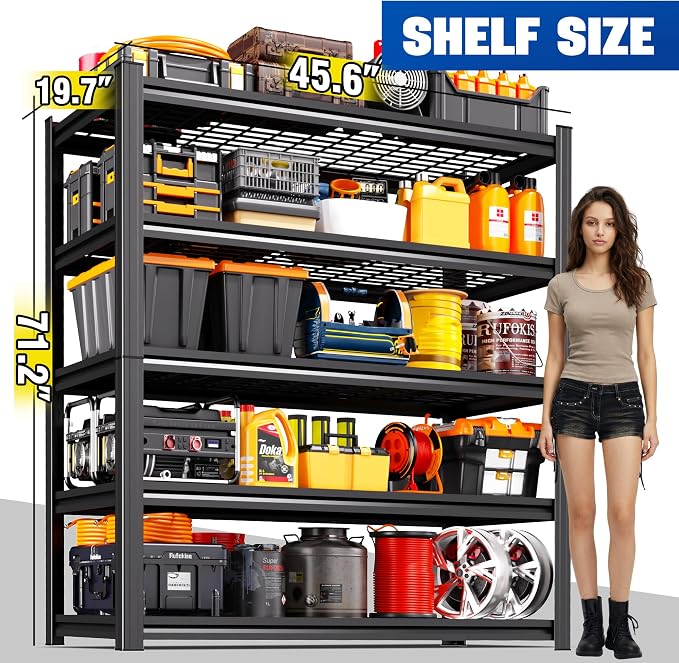 6 Pack Garage Shelving 5-Tier Heavy Duty Storage Shelves, Tool-Free Adjustable Metal Shelf Unit, Utility Organizer Rack for Basement, Pantry, Kitchen, Warehouse, 17.7" Dx45.6 Wx71.2 H, Black