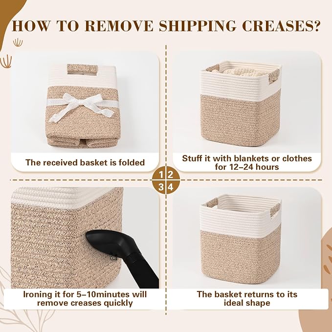 12 Inch Storage Cubes, 3 Pack Cube Storage Bins for Organizing, Cotton Rope Woven Baskets for Shelves, Bathroom, Kids Room, Closets, Baby Nursery