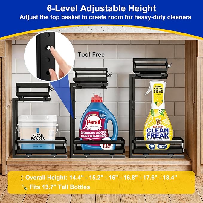 2 Pack Under Sink Organizer, 2-Tier Metal Shelf, Black | Carbon steel 2-tier set, ball-bearing slides, adjustable height, no-drill setup, for kitchen and bathroom cabinets