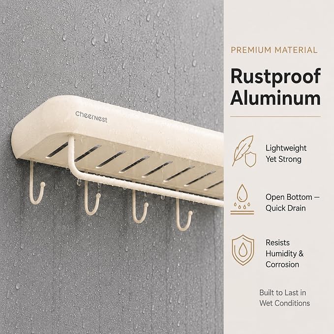 Shower Caddy Adhesive, No Drilling Rustproof Bath Organizer Shelf | Large Capacity,Includes Hooks&Hanging Bar, Aluminum Frame,2 Installation Ways,Wall-Mounted Bathroom Organizer Storage Shelves