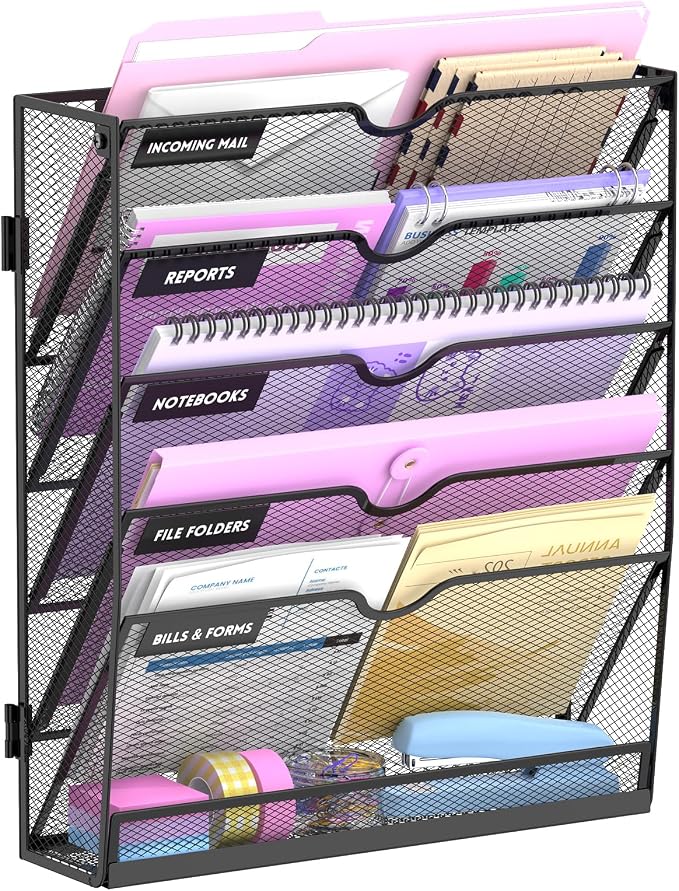 6-Tier Wall File Organizer with Base, Wall Mounted File Holder | Vertical Hanging File Organizer with Open Compartments and Label Holders for Mail, Folders and Paperwork at Home or Work
