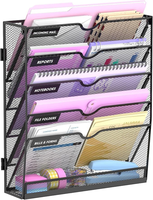6-Tier Wall File Organizer with Base, Wall Mounted File Holder | Vertical Hanging File Organizer with Open Compartments and Label Holders for Mail, Folders and Paperwork at Home or Work