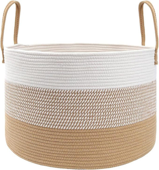 JMvicyroam 115L Extra Large Machine Washable Cotton Rope Blanket Basket | Collapsible laundry hamper, Reinforced handles, For blankets,pillows,toys and clothes, Living room and bedroom,White&Jute Mix