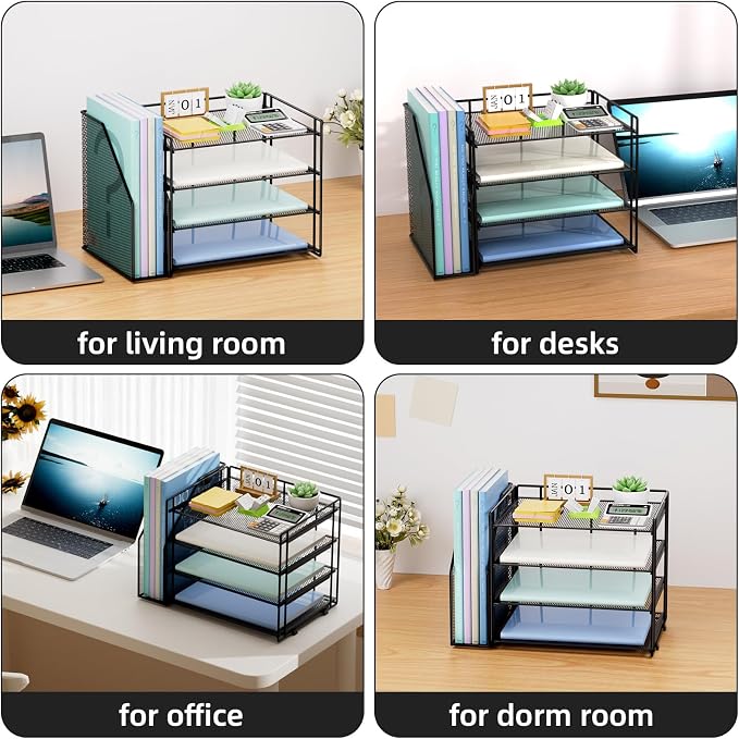 Marbrasse 4-Tier Paper Tray Organizer with File Holder, Black | Sturdy Paper Tray, Built-in File Holder, fits Letters/Docs, Saves Desk Space, for School/Office/Home
