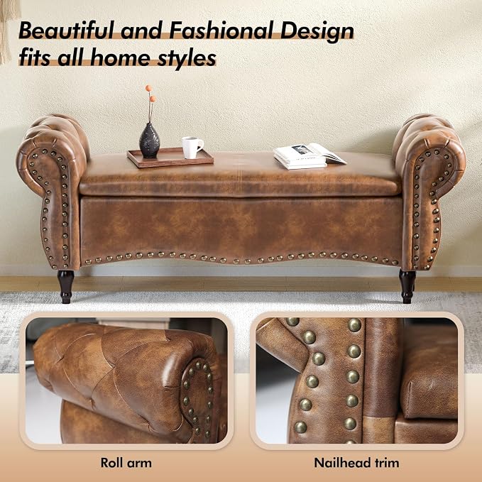 ZZW Storage Ottoman Bench, 51" Length Upholstered End of Bed Storage Bench for Bedroom with Safety Hinge, Tufted Bed Benches with Rolled Arm and Nailhead Trim for Living Room, Entryway Brown