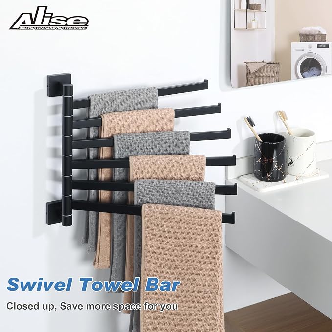 Alise 6 Arm Swivel Towel Rack, Matte Black Swivel Out Towel Bar, 13.6 Inch | Space Saving Swing Arm Towel Rack for Bathroom Kitchen Outdoor, 180° Rotating, SUS304 Stainless Steel