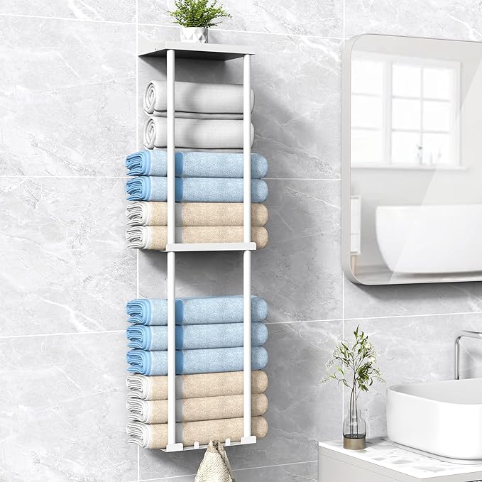 Liuoud Towel Rack for Bathroom, Wall Mounted Vertical Rolled Towel Storage Organizer Holder with Shelf, Holds Up 6 Large Bath Sheets, White