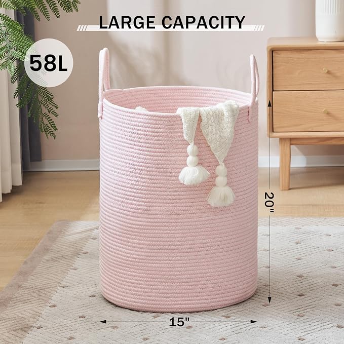 YOUDENOVA Cotton Rope Laundry Hamper Basket, 58L Blanket Basket for Nursery | Large Woven Laundry Hamper with Sturdy Handles, Collapsible Home Decor Laundry Basket for Laundry, Clothes, Toys in Bedroom