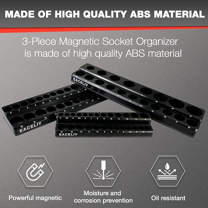 EACELIY Magnetic Socket Organizer Set,Metric Socket Holder Kit, Socket Trays，holds 75 Deep and Shallow 3/8" Sockets(sockets not included) 丨3Pcs 1/2", 1/4" and 3/8" （Black）