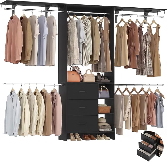 Aheaplus Closet System, Closet Organizer with 3 Wooden Drawers, 8FT Closet Organizer System, 96’’ Walk-in Closet Wardrobe Clothes Rack with Hanging Rods, Adjustable Garment Rack, Fits 5.3-9 ft, Black