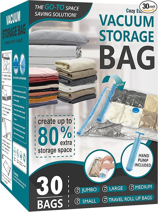 Cozy Essential Vacuum Storage Bags, 80% Compression Vacuum Seal Space Saver Plastic Packaging Bags for Clothes, Blankets, Pillow, Bedding, Comforters, Sealer Clothing Storage,30 Combo