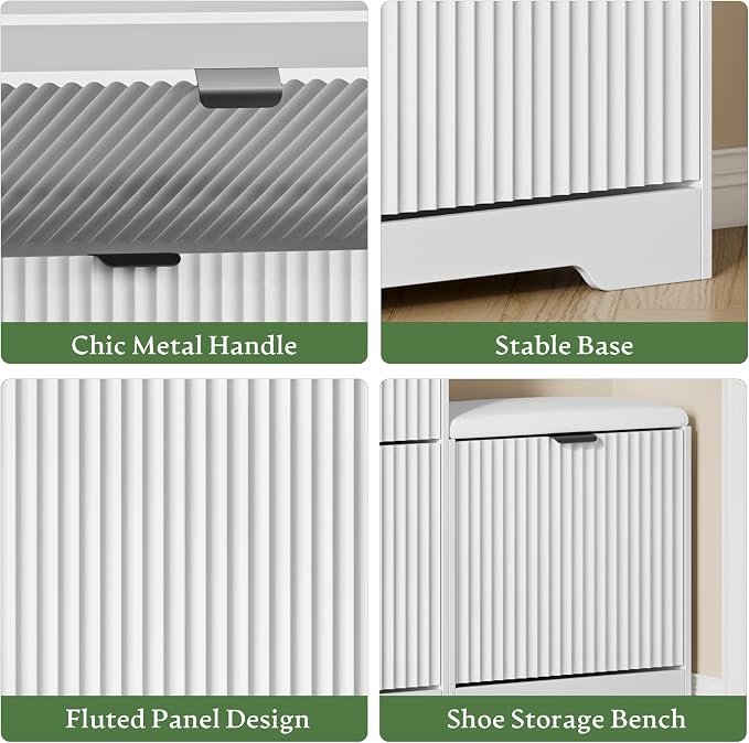 Xixini Shoe Storage Cabinet for Entryway with 3 Flip Drawers & Bench, Slim Wood Shoe Organizer with Modern Fluted Panel, Freestanding Narrow Shoe Rack for Front Door Entrance, Hallway, Foyer, White