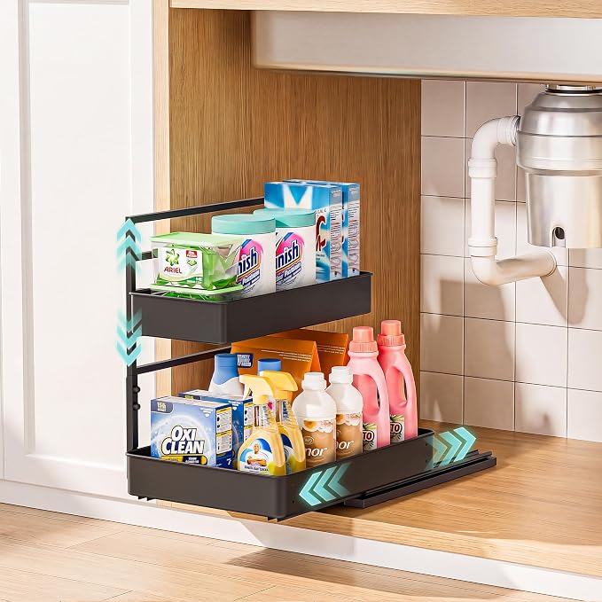 EVERIE Metal Pull Out Slide Shelf Organizer for Under Sink Organization in Kitchen, Bathroom, Counter, Cabinets, Minimum Available Space 13" Wide x 16.5" Deep (Black, 1 Set)