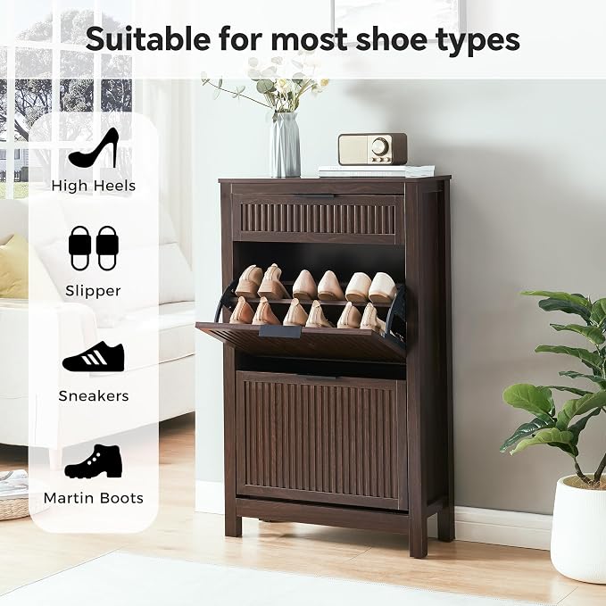 2-Flip Drawer Shoe Cabinet Narrow Entryway Rack, Brown | Vertical Wood Grain, Metal Handles, Adjustable Compartments, Removable Shelf, Anti-Tip Device, for Hallway Foyer Entryway