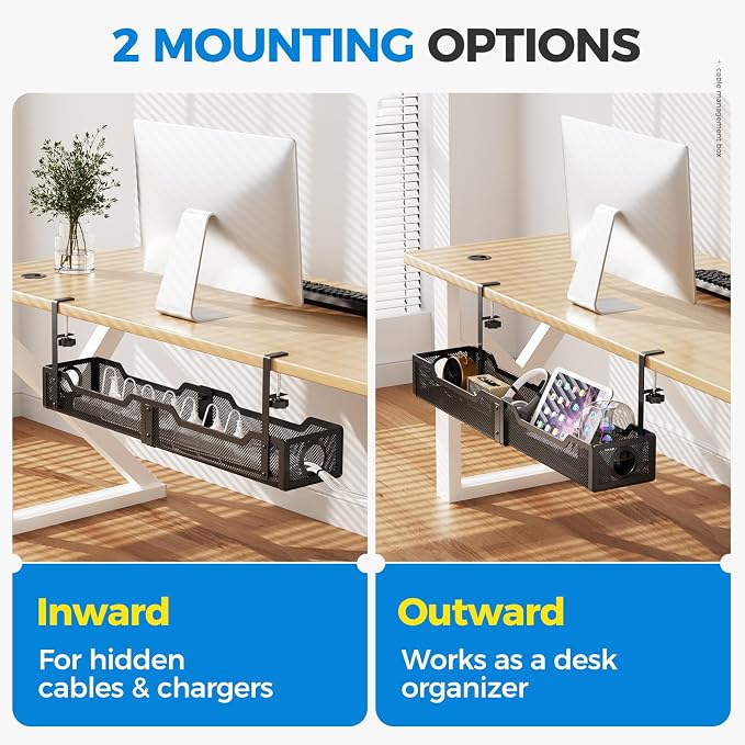 [Upgraded] 25" Extra Large Under Desk Cable Management, Cinati Wire Organizers No Drill, Cable Tray with Clamp for Wire Management, Cord Organization Box for Office, Home - No Damage to Desk(Black)
