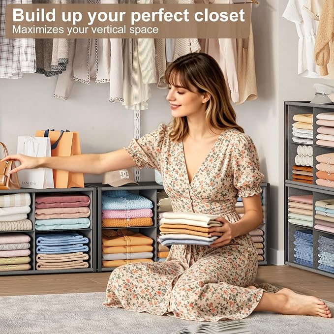 Hongtamoya Stackable Closet Organizer Shelf,6 Cube Bins Storage Basket for Clothes, Handbags Sweaters Jeans Pants Shirt, Space Saving Closet Organizer for Bedroom Wardobe, Closet System-Grey