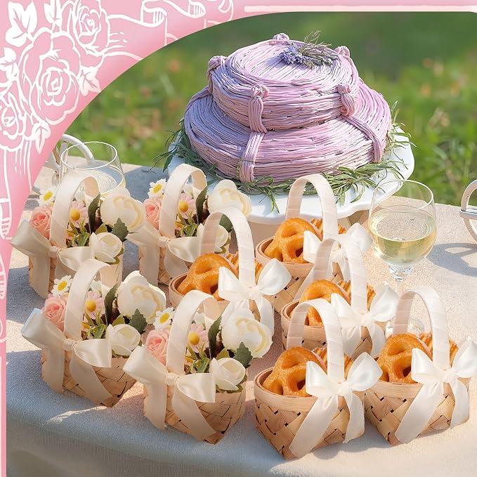 12 Pcs Mini Flower Girl Basket Mini Woven Baskets with Handles Wood Chip Flower Fruit Picnic Holder with Ribbon Chip Bucket for Wedding Party Gifts Baby Shower Birthday Party Decoration