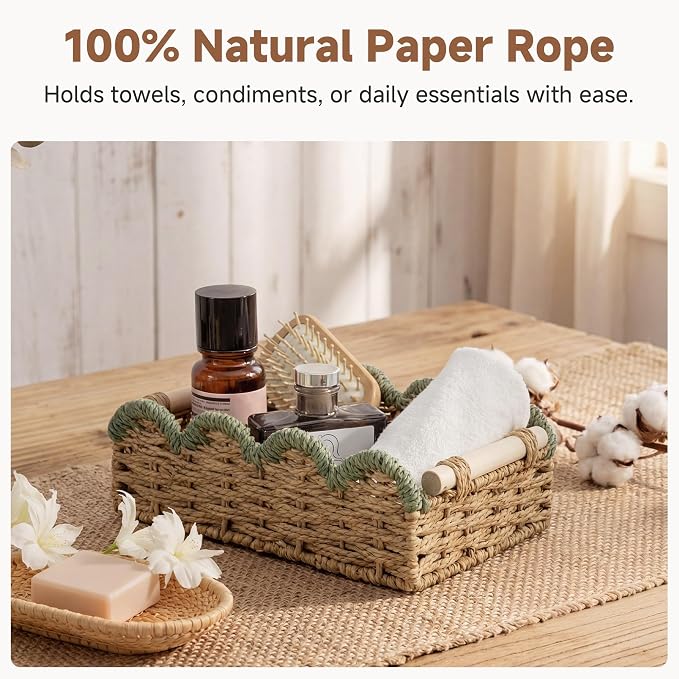 StorageWorks Toilet Paper Storage Basket 2 Pack, Toilet Basket with Wooden Handles, Small Wicker Decorative Scalloped Baskets for Organizing, Shelves, Counters, Green Rope