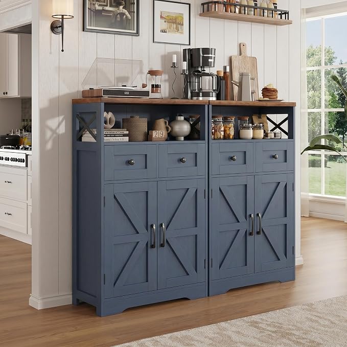 Farmhouse Storage Cabinet Set of 2, Small Kitchen Pantry Coffee Bar Cabinet | Accent Buffet Cabinet Cupboard, 2 Storage Drawers, Barn Doors & Adjustable Shelves, for Kitchen/Entryway/Bathroom, Navy Blue