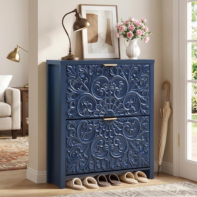 Shoe Cabinet with Flip Drawers, Narrow Shoe Storage Cabinet, 2-Tier Hidden Shoe Organizer with Carved Floral for Entryway, Mid-Century Modern Slim Shoes Storage for Hallway Foyer (1, Midnight Blue)