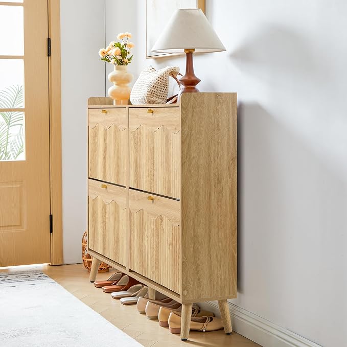 BERRYMERRY Natural 47.2” Shoe Storage Cabinet with 4 Flip Drawers | narrow,entryway,adjustable feet,32 pairs shoe,shoe organize,hidden shoe rack,fluted panel,wave pattern,wood,space saving