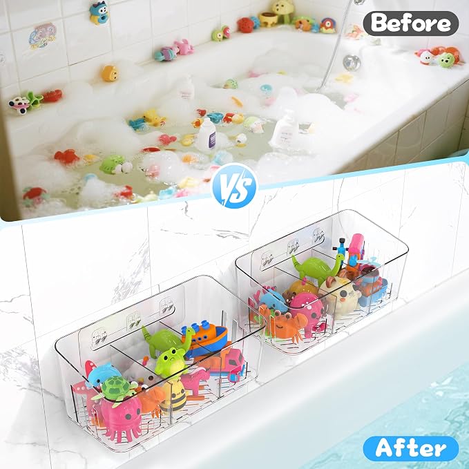 Bath Toy Storage 4 Packs, Large Bath Toy Holder - 3 Compartments, Quick-Dry | BPA-Free Bathtub Toy Organizer, Wall-Mounted Adhesive Shower Caddy, Bathroom Toy Basket & Bin for Baby, Toddler, Kids, Clear
