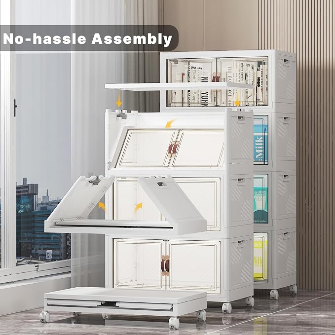 UAMFURI Stackable Storage Bins, 416QT Collapsible Drawers with 2 Lids | Large Capacity, Magnetic Door, Stack Lock, Rolling Wheels, Foldable Design, Organizers and Storage for Bedroom Dorm Garage