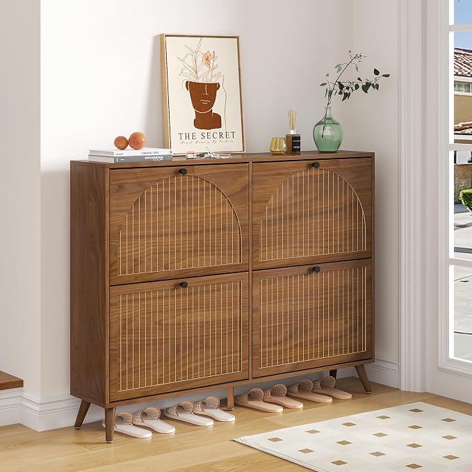 Fsbecl Shoe Storage Cabinet for Entryway with 4 Fluted Flip Drawers, Walnut | Narrow Design, Freestanding Shoe Rack with Adjustment Shelves, Wooden Hidden Organizer for Hallway Foyer, 16-24 Pairs