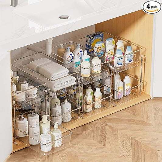 Vtopmart 4 Pack Pull Out Bathroom Under Sink Organizer (S-Standard) | Slide-out drawers, Multi-purpose storage, Clear visibility, Easy Set-up