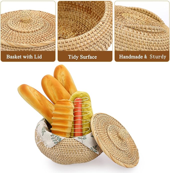 Hipiwe Round Rattan Boxes with Lid Natural Woven Storage Basket Bin Multi-Purpose Wicker Tray Weaving Decorative Shelf Basket Farmhouse Picnic Bread Fruit Table Storage Basket