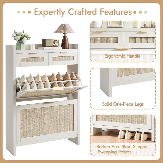 HOKYHOKY Rattan Shoe Storage Cabinet with 2 Drawers & 2 Flip Drawers | Hidden Slim Shoe Organizer, Farmhouse Boho Narrow Shoe Rack, Large Tabletop Space, Entryway, Rustic White