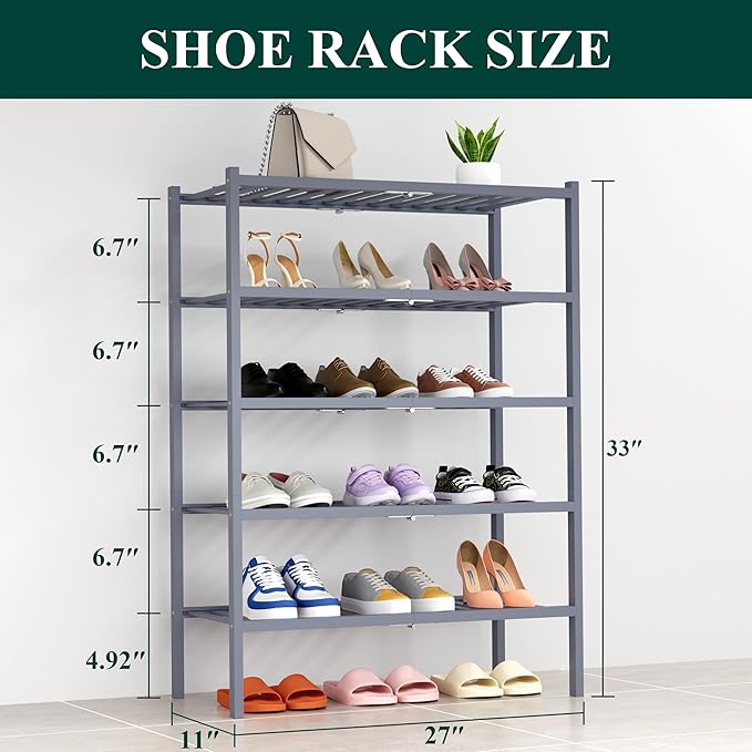 Smiry Bamboo Shoe Rack, 14 Vertical Slats, 5 Tier - 26.8" Wide, Grey | Stackable Free Standing Wooden Shoe Organizer, Wood Shoe Storage Shelf for Closet, Entryway, Thicher Leg