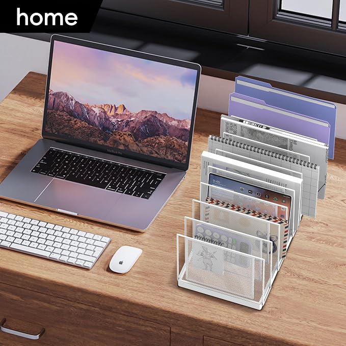 9-Section Desk File Organizer, Vertical File Holder, Mesh Desktop File Folder Metal File Organizer Stand for Office Home Classroom, White