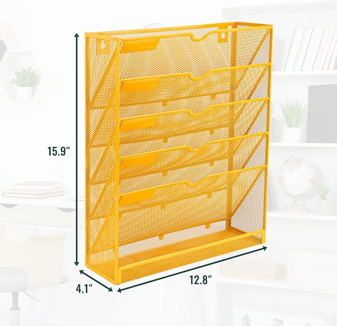 EASEPRES 6 Tier Mesh Hanging Wall File Organizer, Desk Vertical Mail Paper Document Folder Holder Rack with Bottom Tray and Nametag Label for Office Home School, Yellow