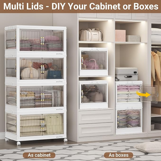 BROVIEW 480Qt Stackable Storage Bins with 4 Lids, Front and Side Open Doors, Plastic Collapsible Closet Organizer and Storage Cabinet, Foldable Box with Wheels Drawer for Home Office, 4Pack White