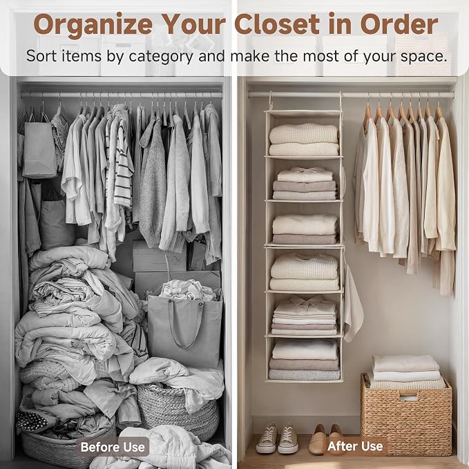 StorageWorks 6-Shelf Closet Organizers, Two 3-Shelf Separable Hanging Shelves for Closet, 12 1⁄2" D x 12 1⁄2" W x 47 ¼" H, Mixing of Beige, White & Ivory