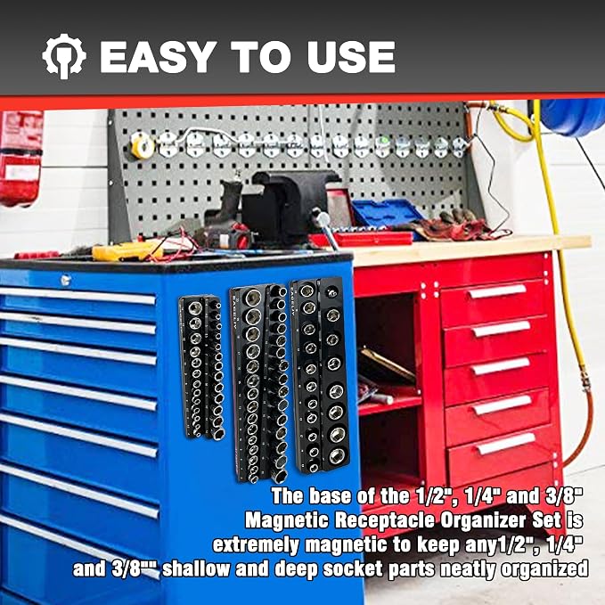 EACELIY Magnetic Socket Organizer Set,Metric Socket Holder Kit, Socket Trays，holds 75 Deep and Shallow 3/8" Sockets(sockets not included) 丨3Pcs 1/2", 1/4" and 3/8" （Black）
