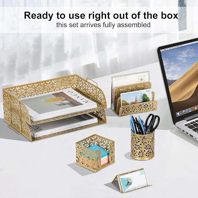 EasyPAG Desk Organizers and Accessories 5 Pieces Office Supplies Set - 2 Tier Paper Tray, Pencil Organizer for Desk, Mail Sorter Countertop, Business Card Holder and Sticky Note Holder, Gold