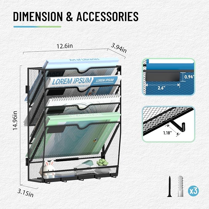 5-Tier Wall File Organizer with 5 Hooks, Wall Mounted Mail Organizer | File Holder Organizer, Metal Mesh Office Wall Organizer for Home, School & Classroom