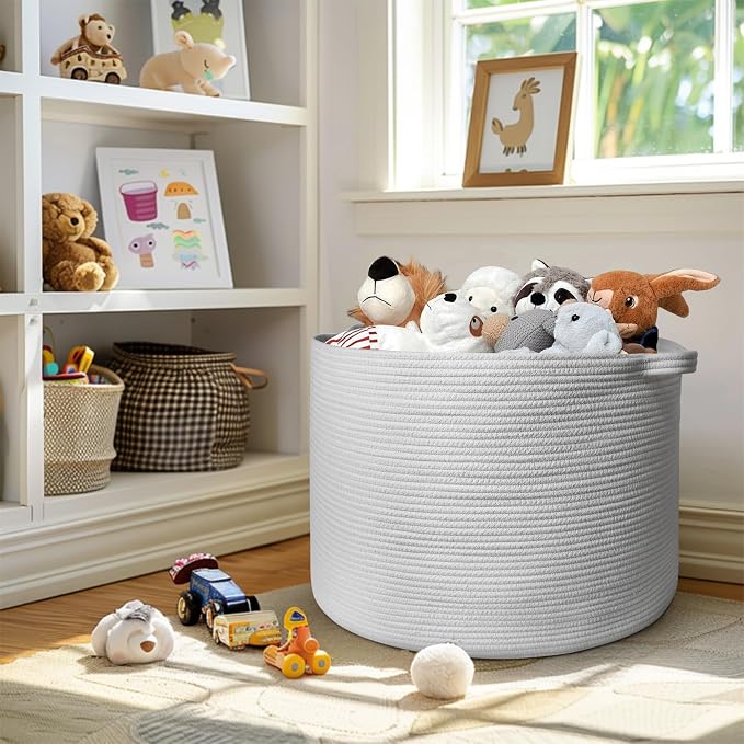 115L White Cotton Rope Storage Basket, 23.6"x15.7" Extra Large Blanket Storage Living Room, XXXL Soft Toy Bin for Organizing, Woven Baby Laundry Basket with Handle, Wicker Hamper Nursery