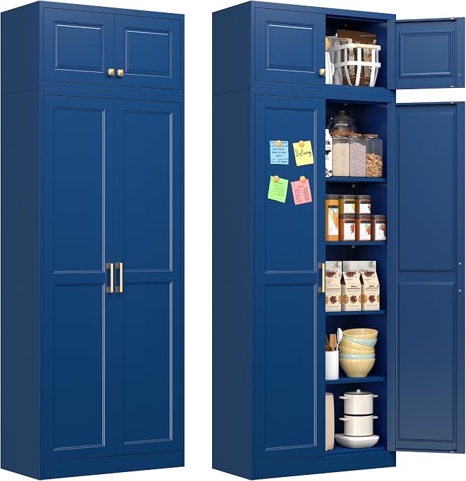 Polup 86" Tall Metal Kitchen Pantry Storage Cabinet with Doors and Shelves | Heavy-Duty Blue Cabinet, 4 Adjustable Shelving, Gold Handles, Magnetic Latch, for Dining Living Room, Bathroom & Garage
