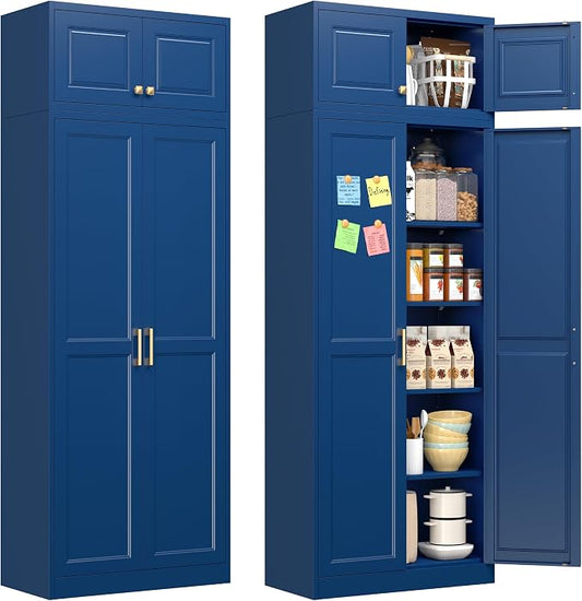 Polup 86" Tall Metal Kitchen Pantry Storage Cabinet with Doors and Shelves | Heavy-Duty Blue Cabinet, 4 Adjustable Shelving, Gold Handles, Magnetic Latch, for Dining Living Room, Bathroom & Garage