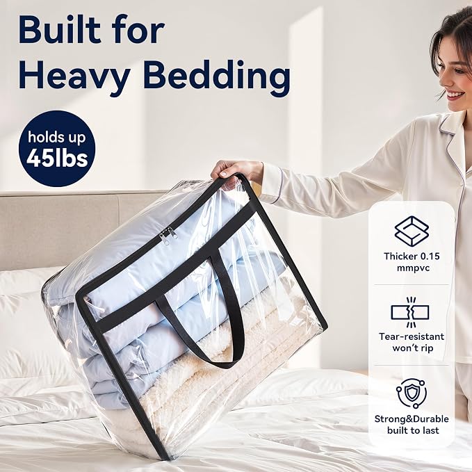 SpaceTrove Clear Storage Bags, 4-Pack Under Bed and Closet Organizers 40L | Clear PVC bags with zippers and handles, foldable waterproof moving bags store comforters, blankets, bedding, clothes and toy