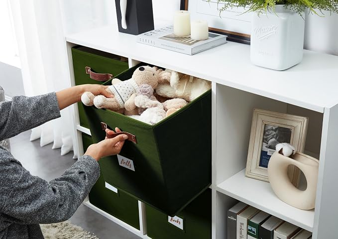 DECOMOMO Storage Bins, Cube Storage Bin with Labels | 10.5" x 11" Fabric Storage Cubes for Shelves (6pcs, Olive Green)
