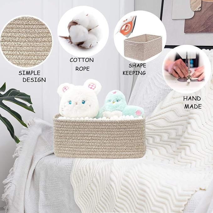 COMFY-HOMI 13" x 8.5" x 5.1" Storage Baskets for Organizing | Cotton Rope Woven Basket | Toy Storage Bin Box | Basket for Shelves, Closet Organizer Bin, Decorative Closet Shelf, 1 Pack