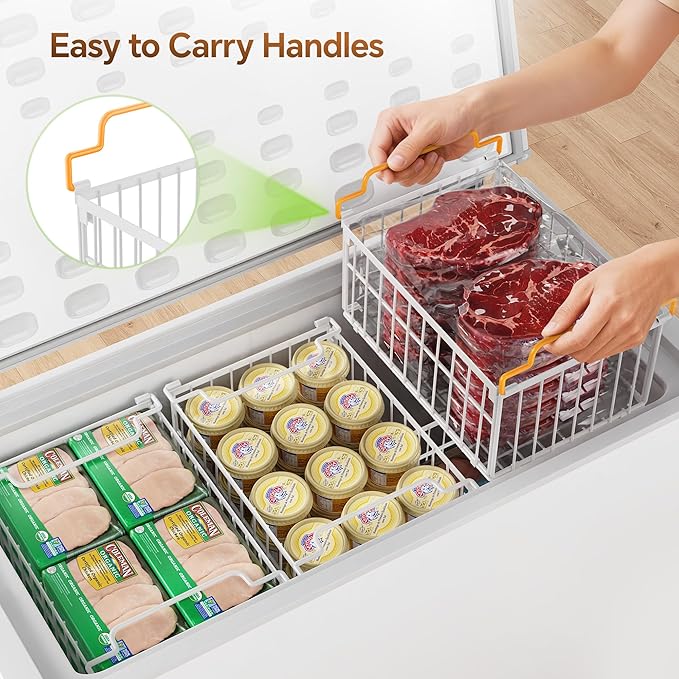 Freezer Organizer Bins, 6 Pack Enlarged Baskets for 5-9 Cu.FT Deep Freezer | Stackable Chest Freezer Organizer Bins, Foldable with Handles, White Storage Container Baskets for Sort Frozen Meats