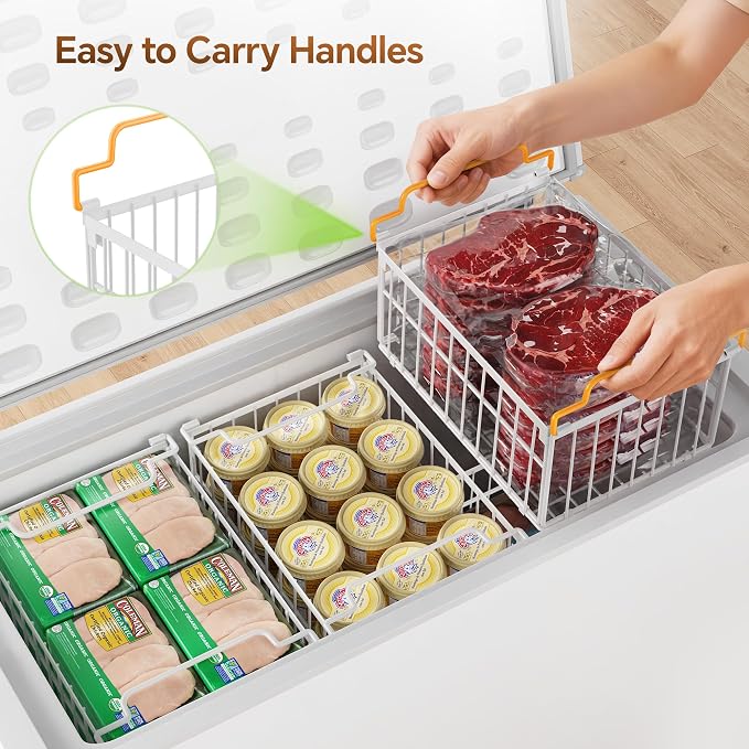 Freezer Organizer Bins, 3 Pack Enlarged Baskets for 5-9 Cu.FT Deep Freezer | Stackable Chest Freezer Organizer Bins, Foldable with Handles, White Storage Container Baskets for Sort Frozen Meats