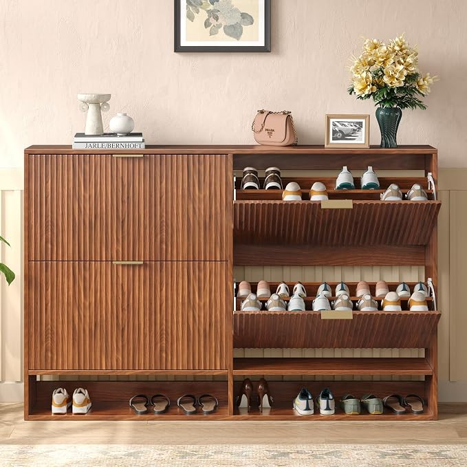 Hootata 47.2''W Walnut Shoe Storage Cabinet for Entryway with 4 Flip Drawers, Fluted Slim Shoe Cabinet, Free Standing Wooden Shoes Organizer for Foyer, Hallway