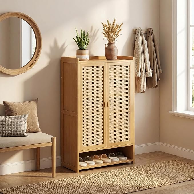 SACSTAR Shoe Storage Cabinet 23.6" L x 12.6" W x 36.6" H Compact Entryway Shoe Rack with 2 Doors & 7 Shelves, Natural Bamboo & Rattan Design Ideal Shoe Organizer for Small Spaces